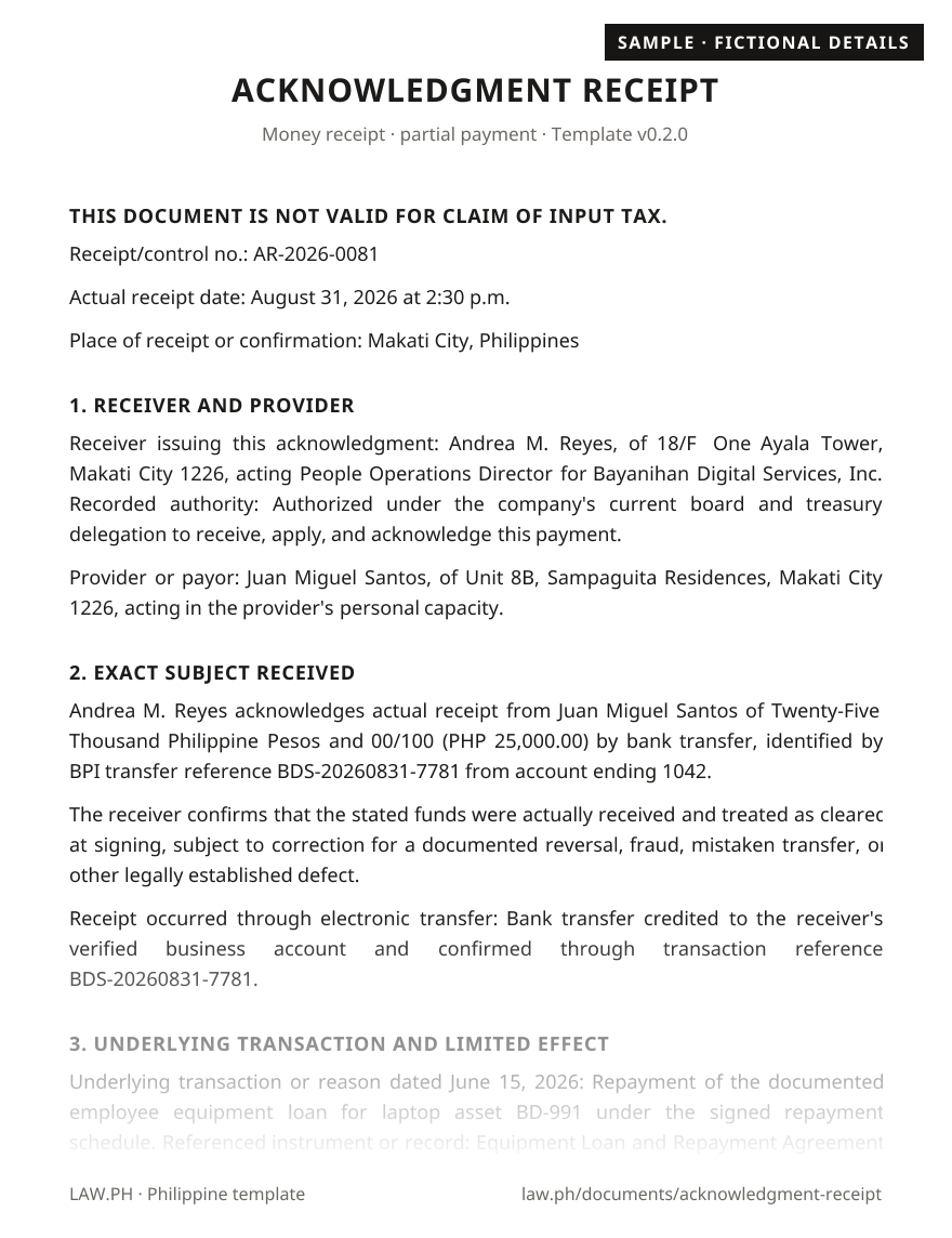 Acknowledgment receipt sample, Philippines: first page of the Acknowledgment Receipt with fictional details