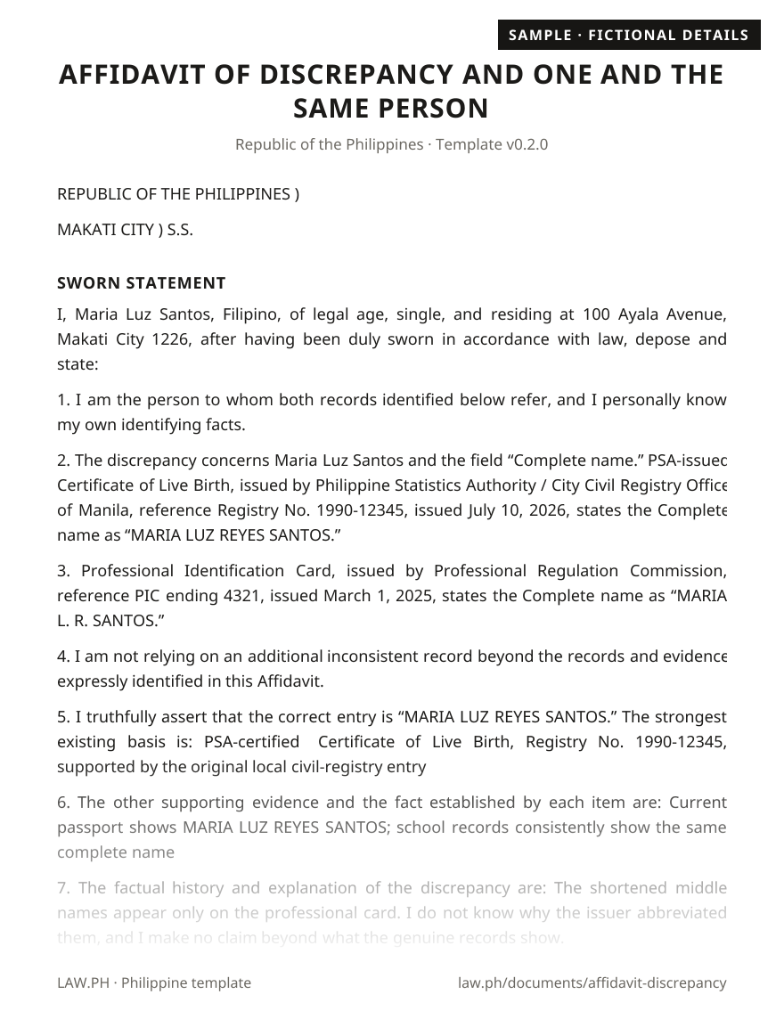 Affidavit of discrepancy (one and the same person) sample, Philippines: first page of the Affidavit of Discrepancy with fictional details