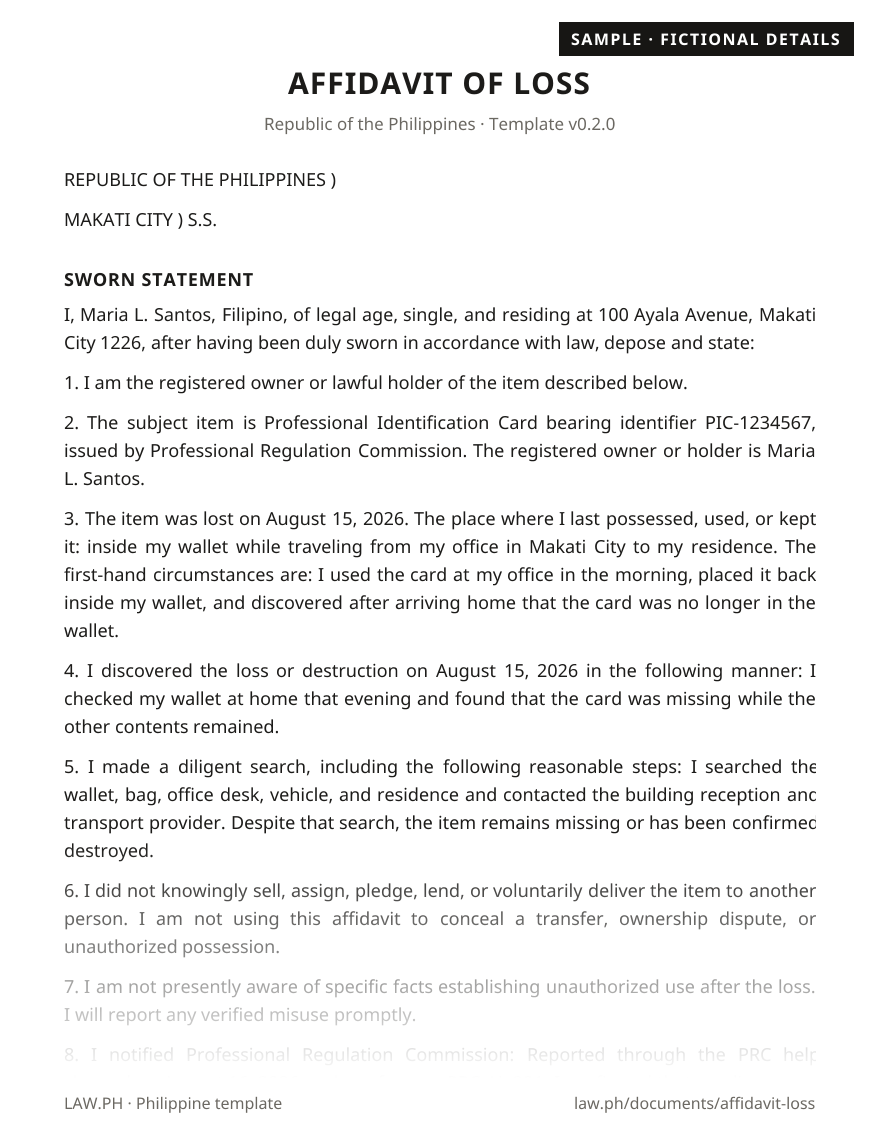 Affidavit of loss sample, Philippines: first page of the Affidavit of Loss with fictional details
