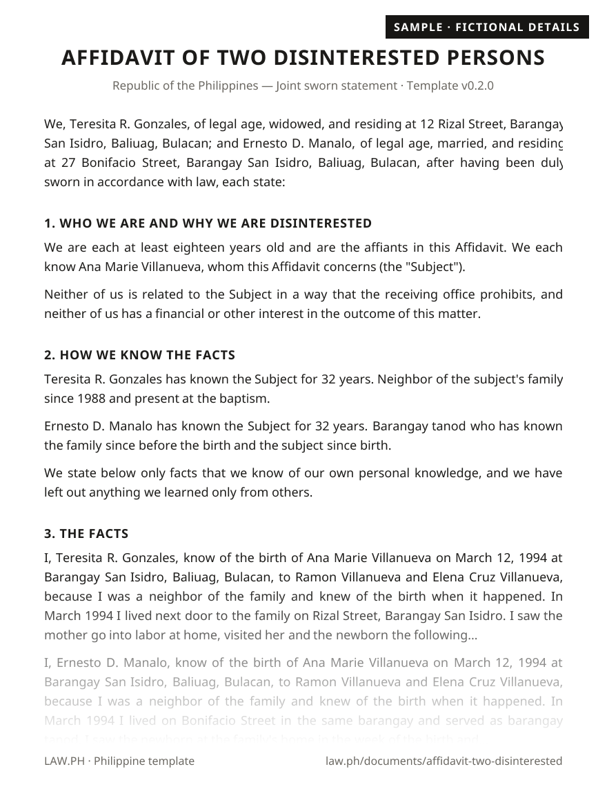 Affidavit of two disinterested persons sample, Philippines: first page of the Affidavit of Two Disinterested Persons with fictional details