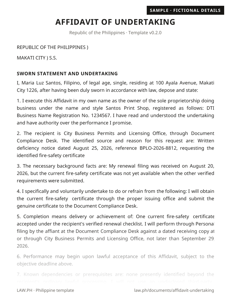 Affidavit of undertaking sample, Philippines: first page of the Affidavit of Undertaking with fictional details