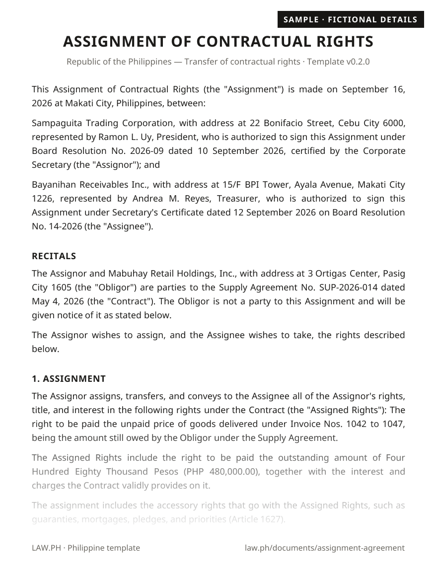Deed of assignment of rights sample, Philippines: first page of the Assignment of Contractual Rights with fictional details