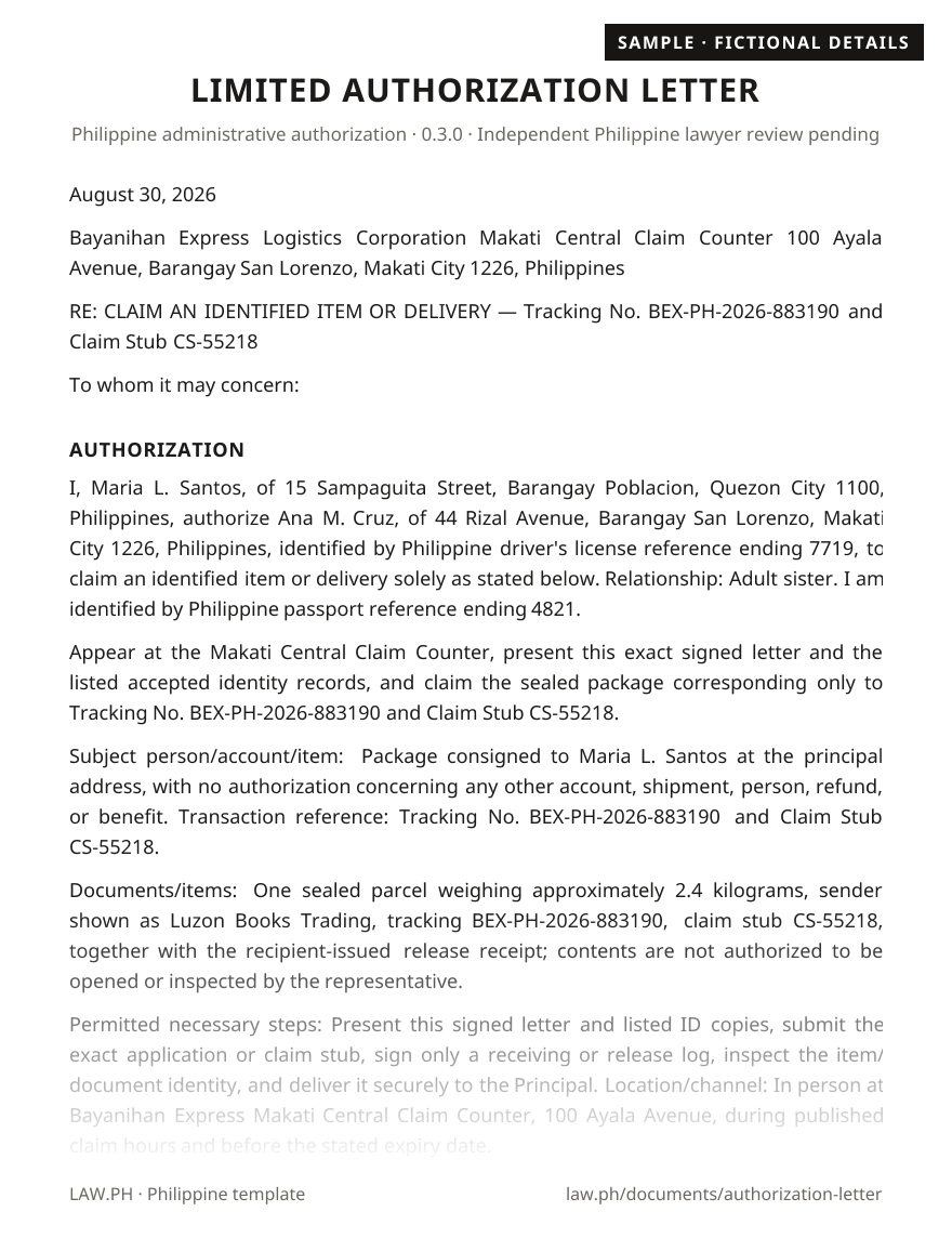 Authorization letter sample, Philippines: first page of the Authorization Letter with fictional details