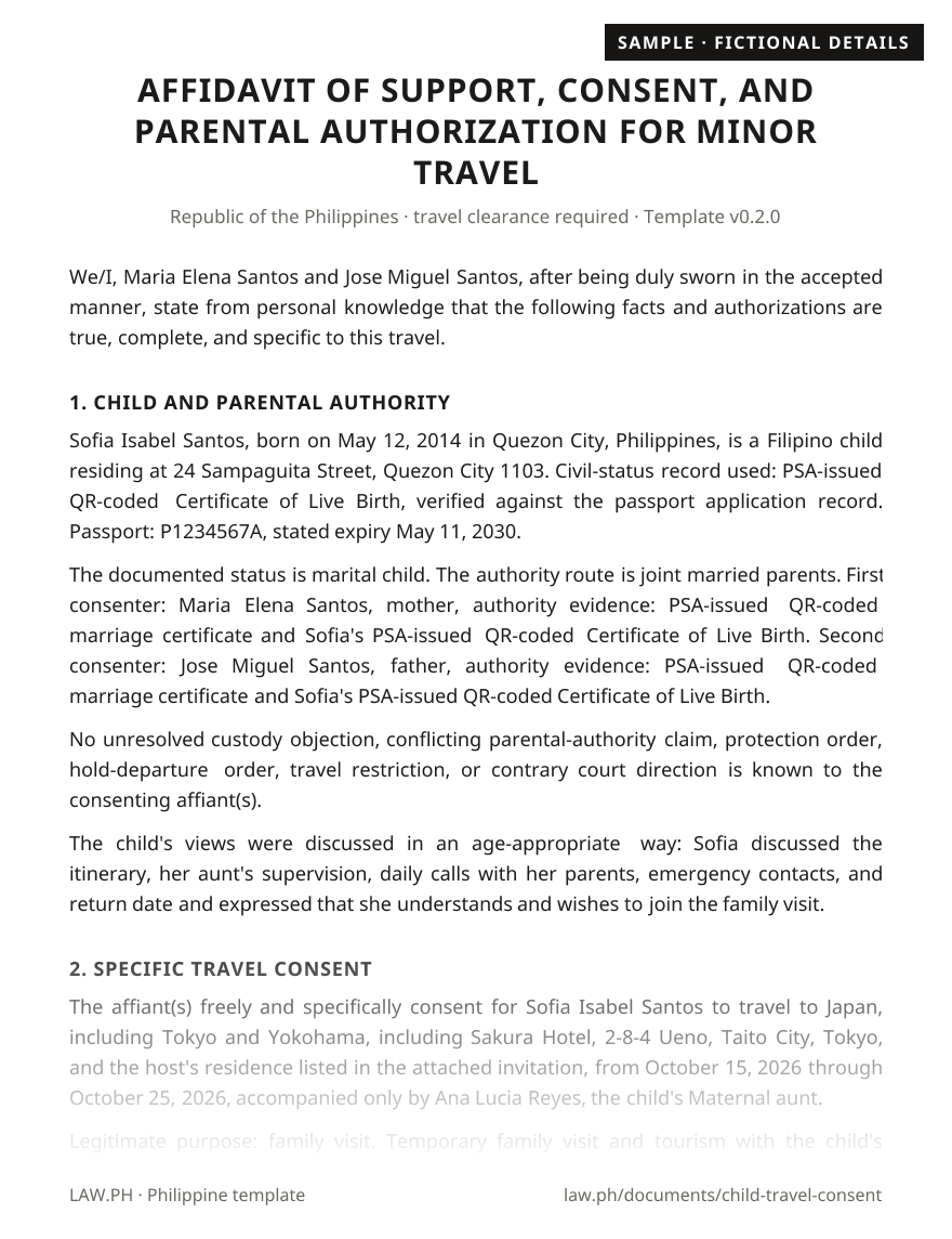 Parental consent to travel for a minor sample, Philippines: first page of the Child Travel Consent and Parental Authorization with fictional details