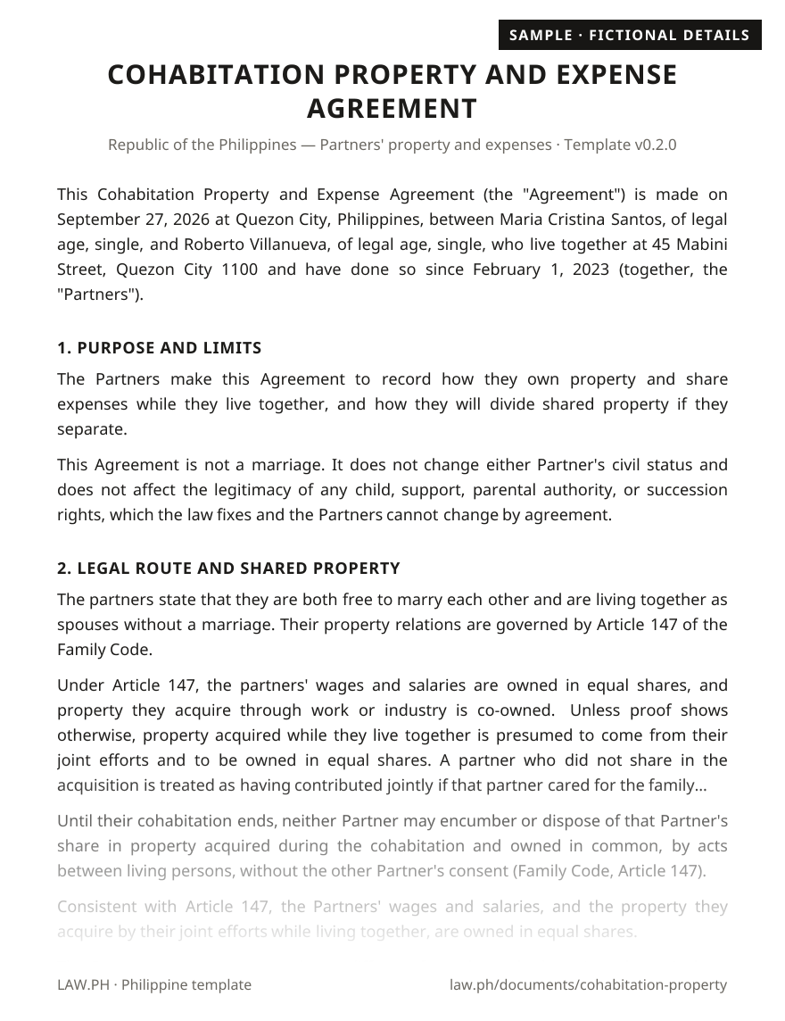 Cohabitation (live-in) property agreement sample, Philippines: first page of the Cohabitation Property and Expense Agreement with fictional details