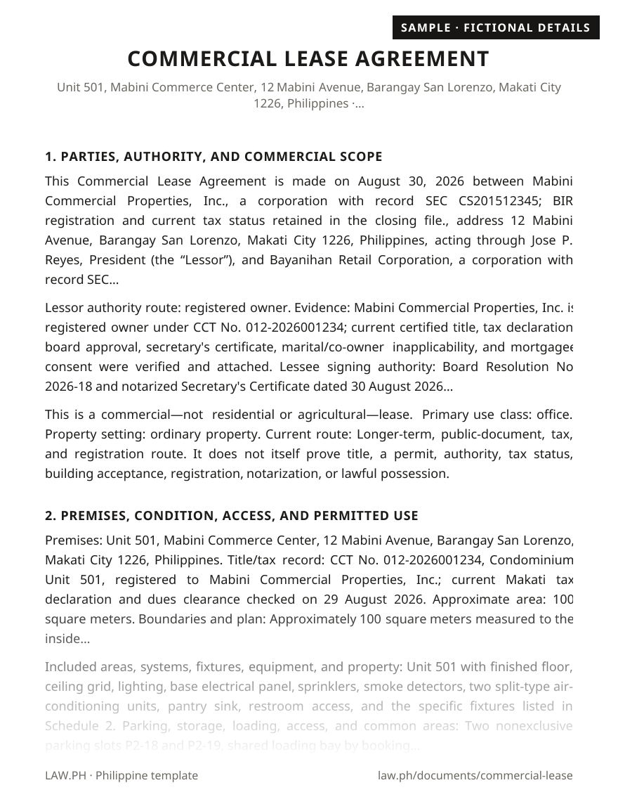 Commercial lease contract sample, Philippines: first page of the Commercial Lease Agreement with fictional details
