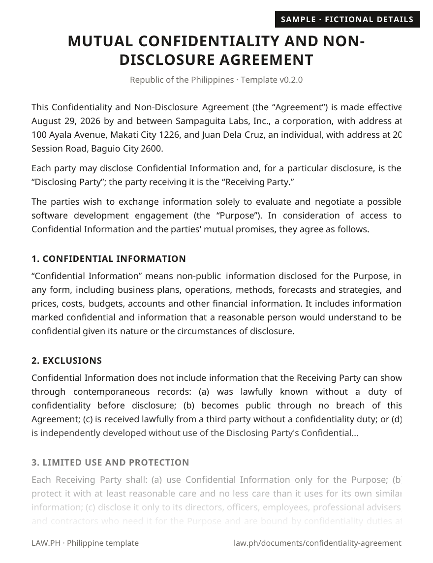 NDA (non-disclosure agreement) sample, Philippines: first page of the Confidentiality and Non-Disclosure Agreement with fictional details