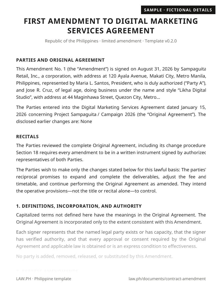 Contract amendment (addendum) sample, Philippines: first page of the Contract Amendment with fictional details