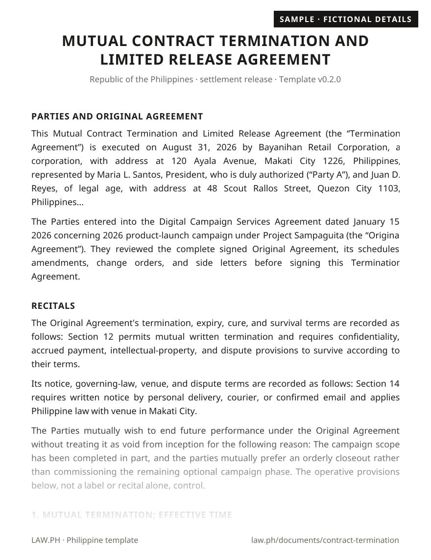 Mutual termination agreement sample, Philippines: first page of the Mutual Contract Termination and Limited Release with fictional details
