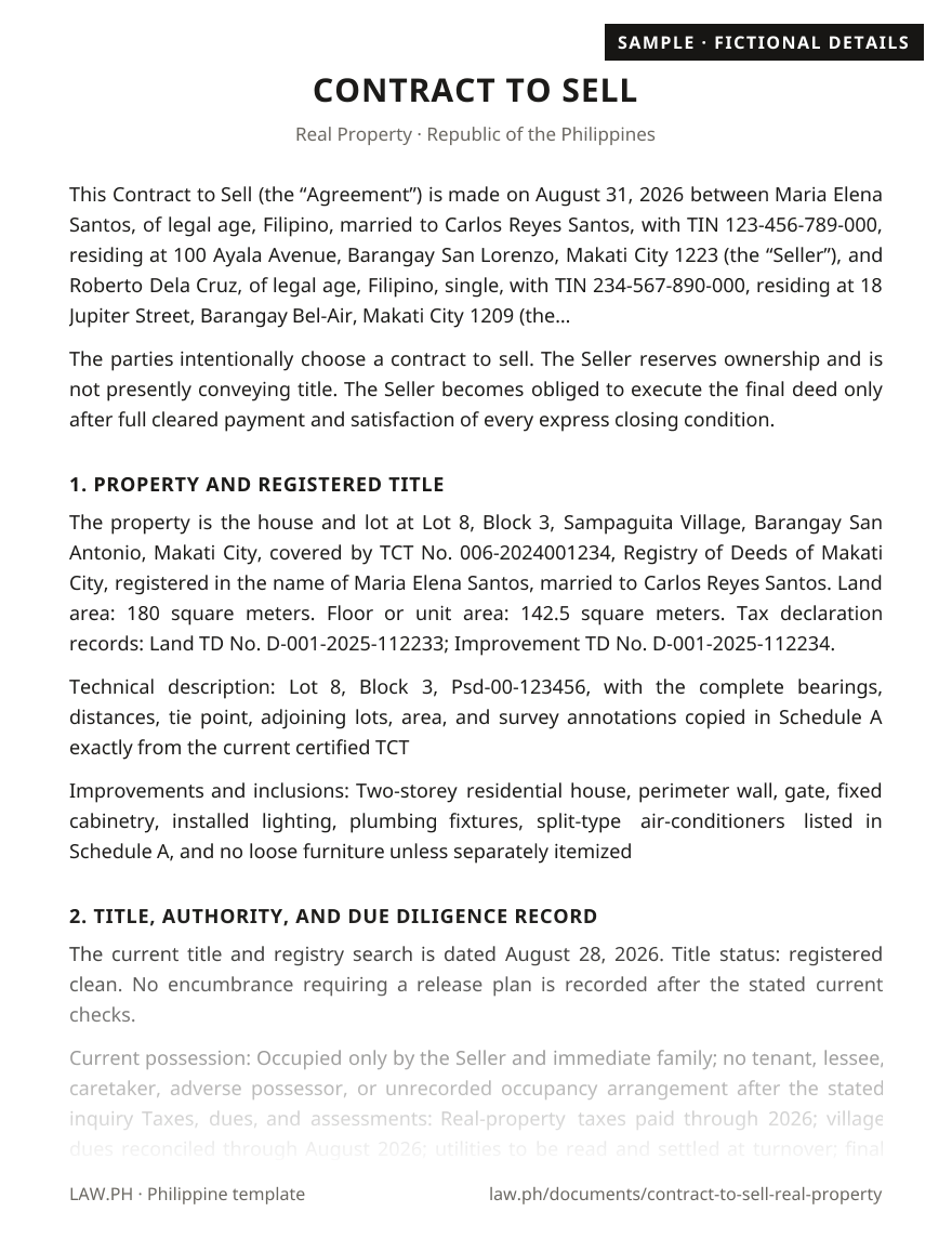 Contract to sell sample, Philippines: first page of the Contract to Sell — Real Property with fictional details