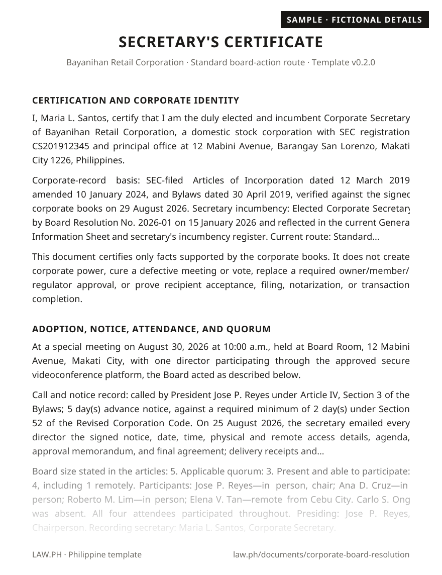 Board resolution and secretary's certificate sample, Philippines: first page of the Board Resolution and Secretary's Certificate with fictional details