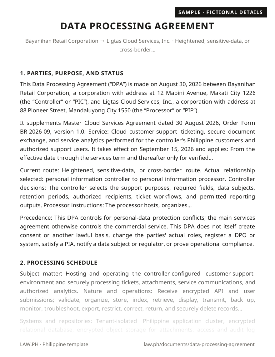 Data processing agreement sample, Philippines: first page of the Data Processing Agreement with fictional details