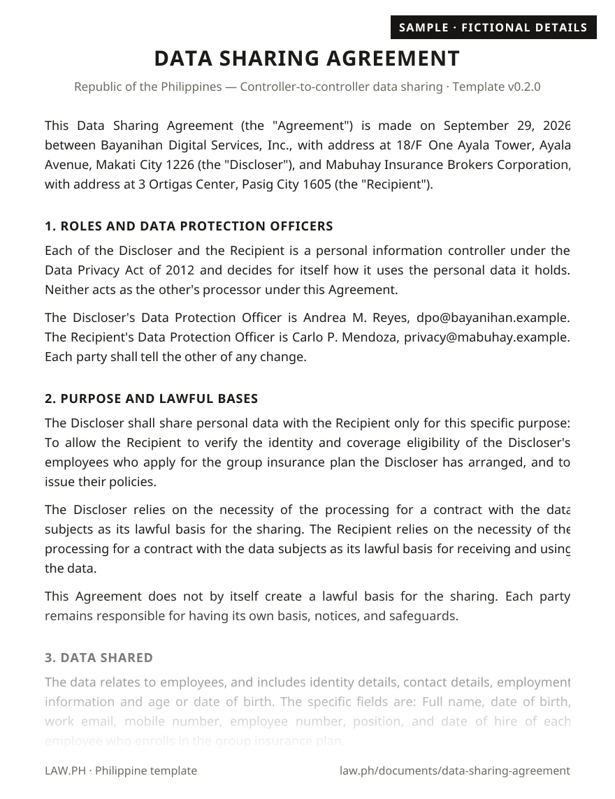 Data sharing agreement sample, Philippines: first page of the Data Sharing Agreement with fictional details