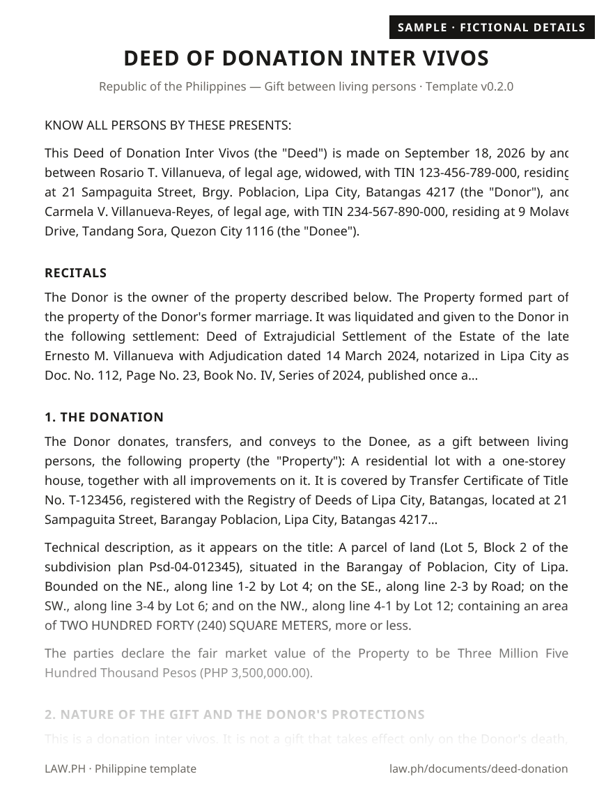 Deed of donation sample, Philippines: first page of the Deed of Donation with fictional details
