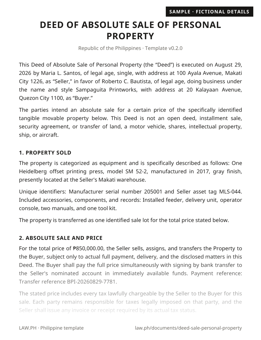 Deed of absolute sale of personal property sample, Philippines: first page of the Deed of Absolute Sale — Personal Property with fictional details