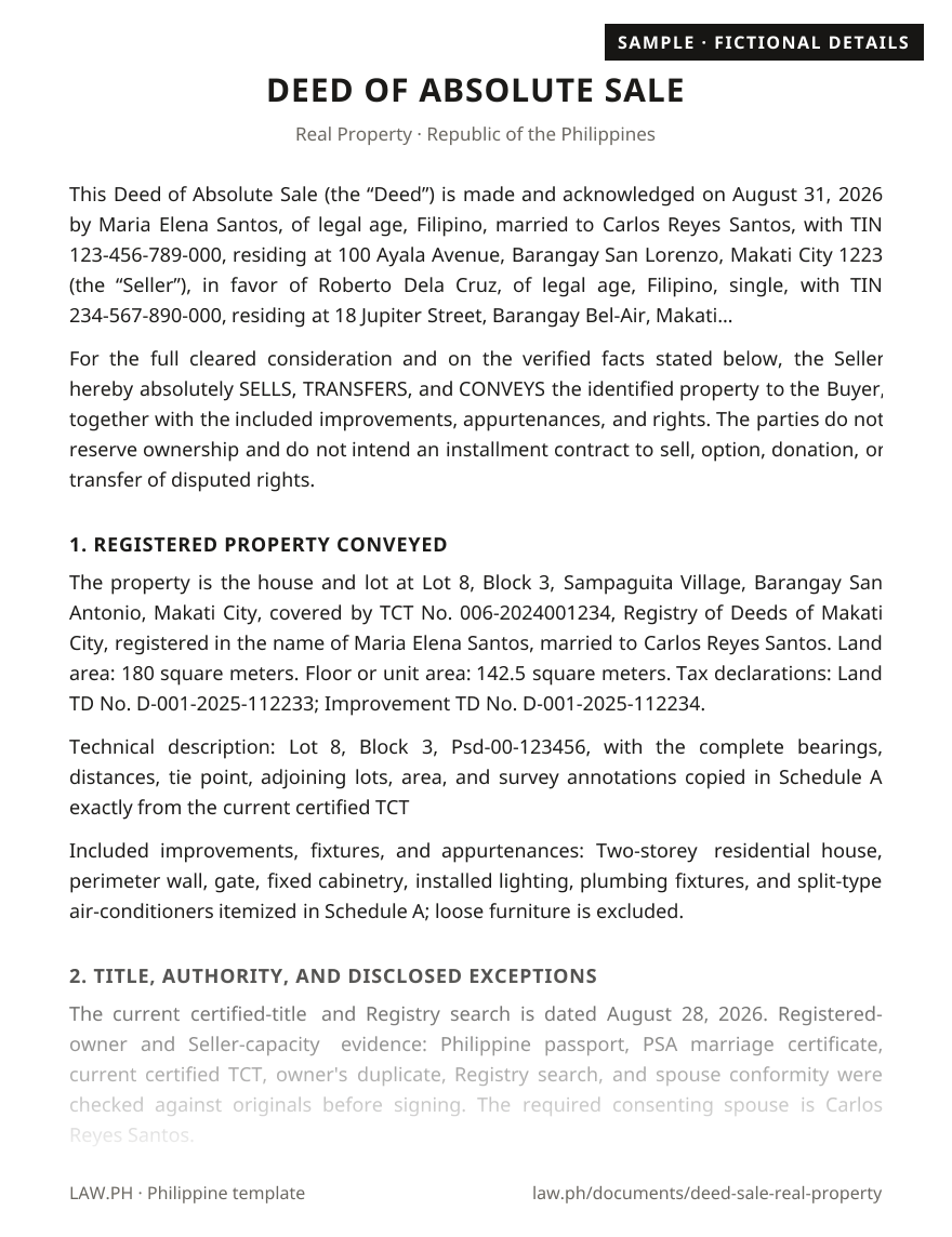 Deed of absolute sale of land sample, Philippines: first page of the Deed of Absolute Sale — Real Property with fictional details
