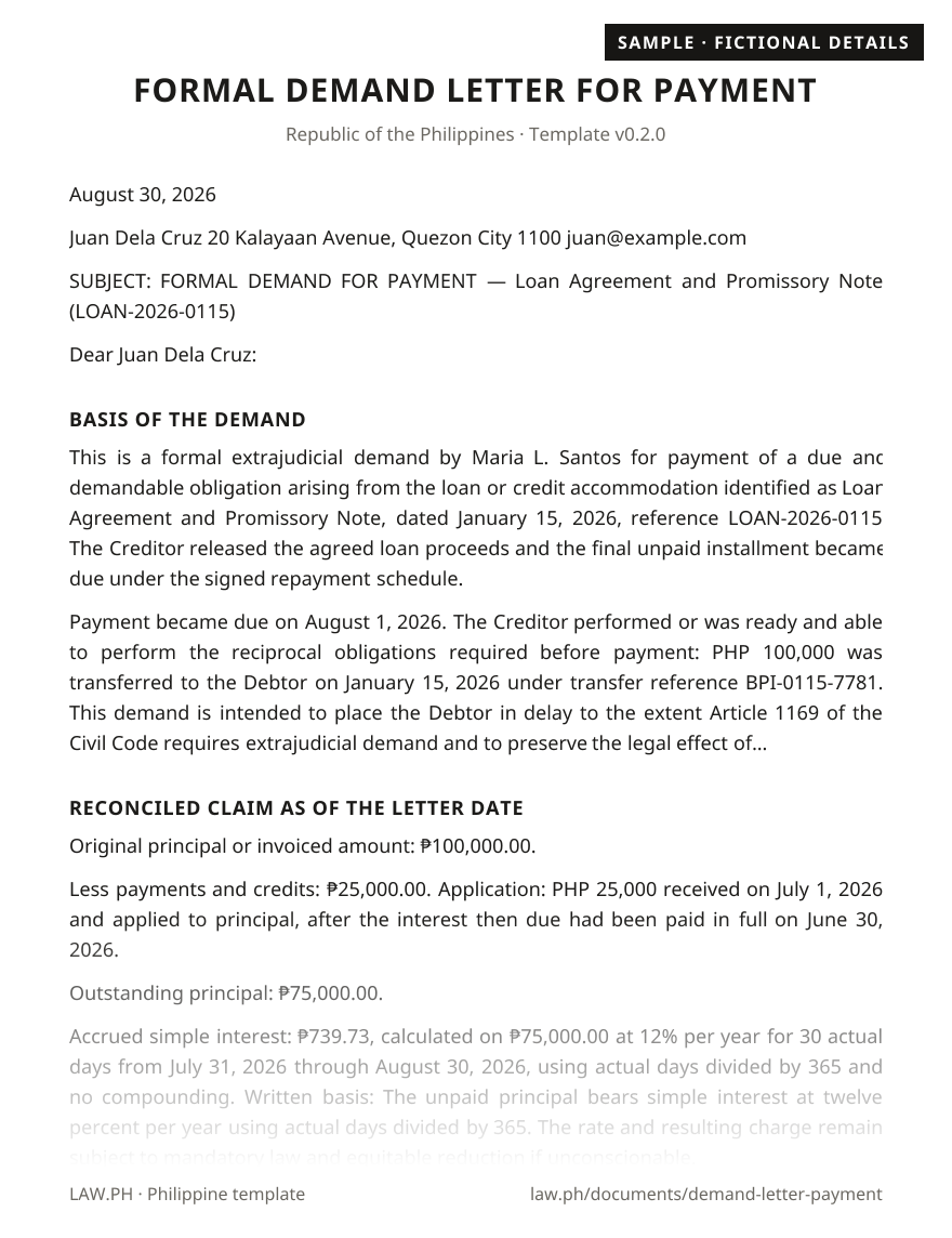Demand letter for payment sample, Philippines: first page of the Demand Letter for Payment with fictional details