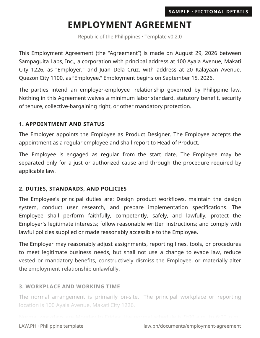 Employment contract sample, Philippines: first page of the Employment Agreement with fictional details