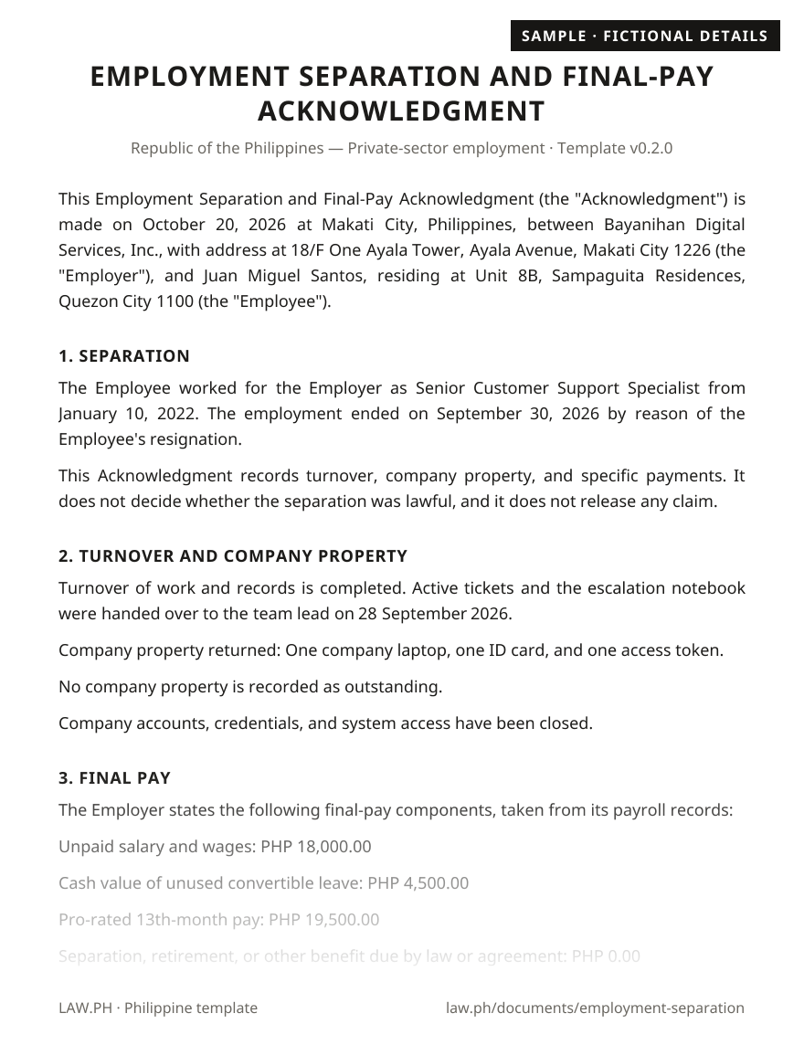 Final pay acknowledgment and quitclaim sample, Philippines: first page of the Employment Separation and Final-Pay Acknowledgment with fictional details