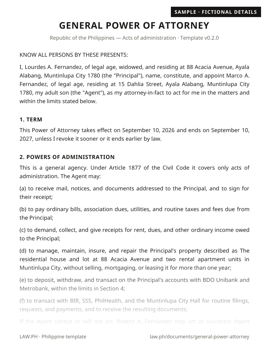 General power of attorney sample, Philippines: first page of the General Power of Attorney with fictional details