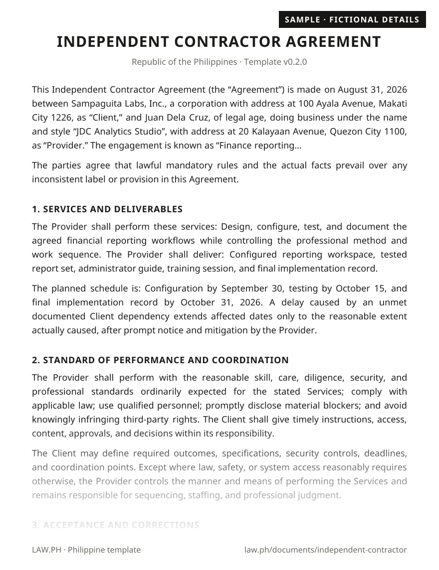 Independent contractor agreement sample, Philippines: first page of the Independent Contractor Agreement with fictional details