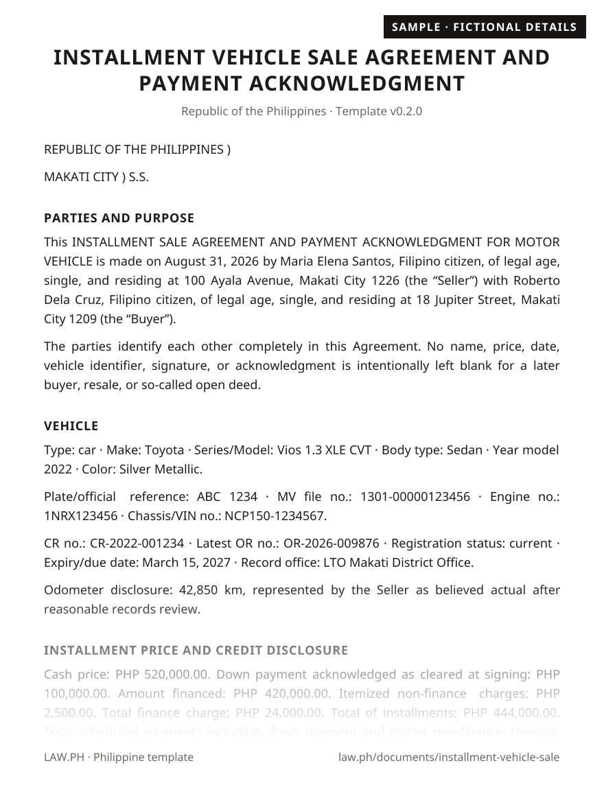 Car installment (hulugan) agreement sample, Philippines: first page of the Installment Vehicle Sale Agreement and Payment Acknowledgment with fictional details