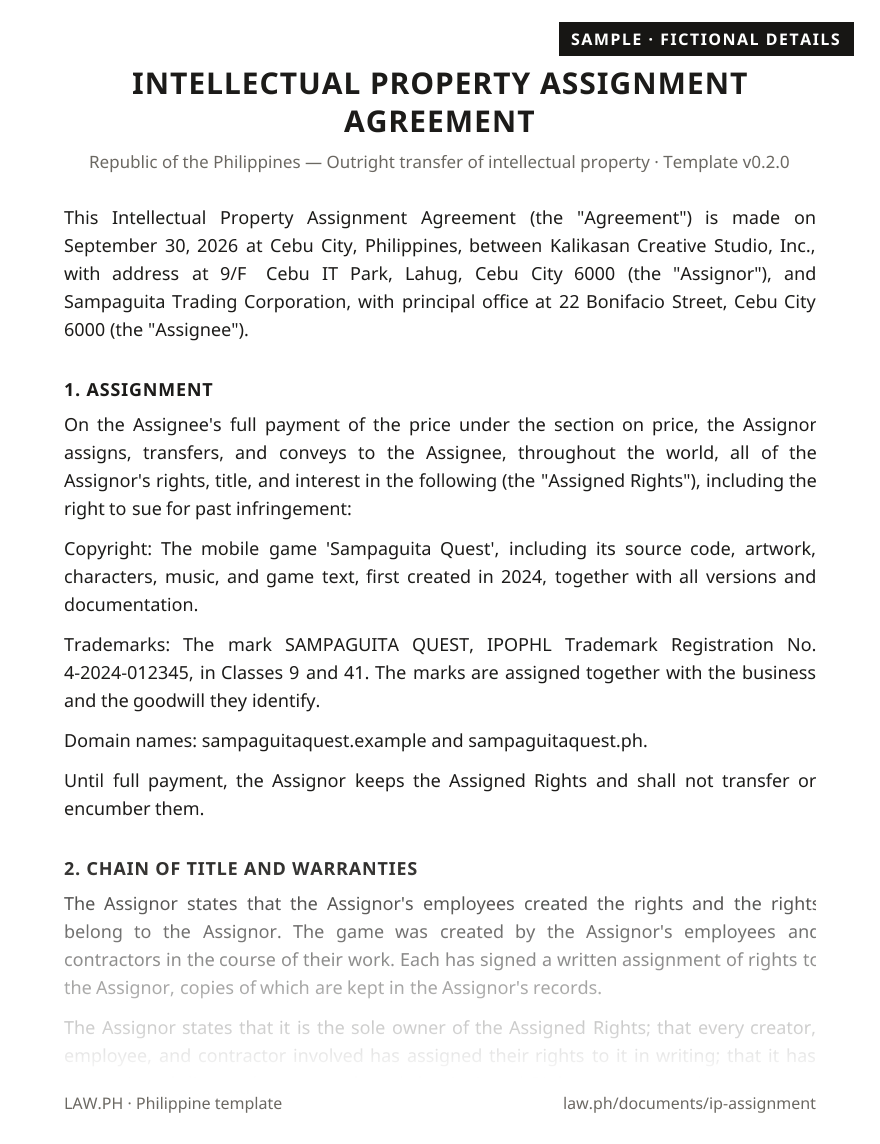 IP and copyright assignment agreement sample, Philippines: first page of the Intellectual Property Assignment Agreement with fictional details