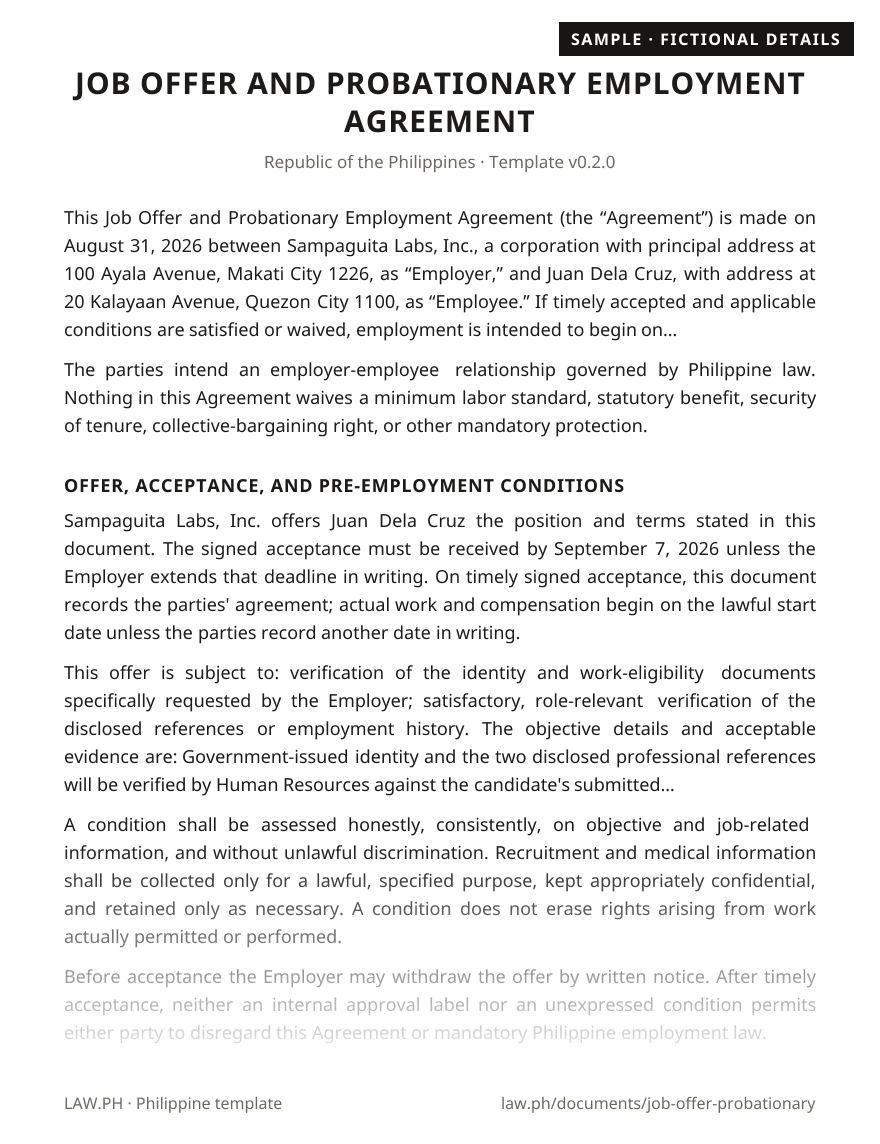 Job offer letter with probationary contract sample, Philippines: first page of the Job Offer and Probationary Employment Agreement with fictional details