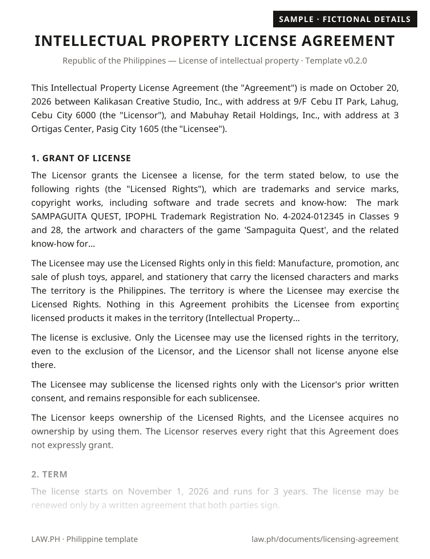 IP license agreement sample, Philippines: first page of the Intellectual Property License Agreement with fictional details