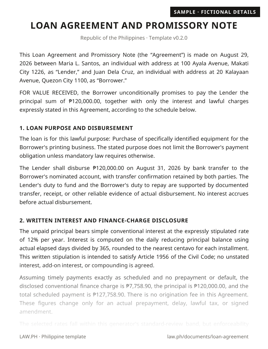 Loan agreement and promissory note sample, Philippines: first page of the Loan Agreement and Promissory Note with fictional details