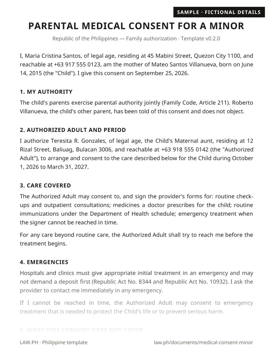 Parental medical consent for a minor sample, Philippines: first page of the Parental Medical Consent for a Minor with fictional details