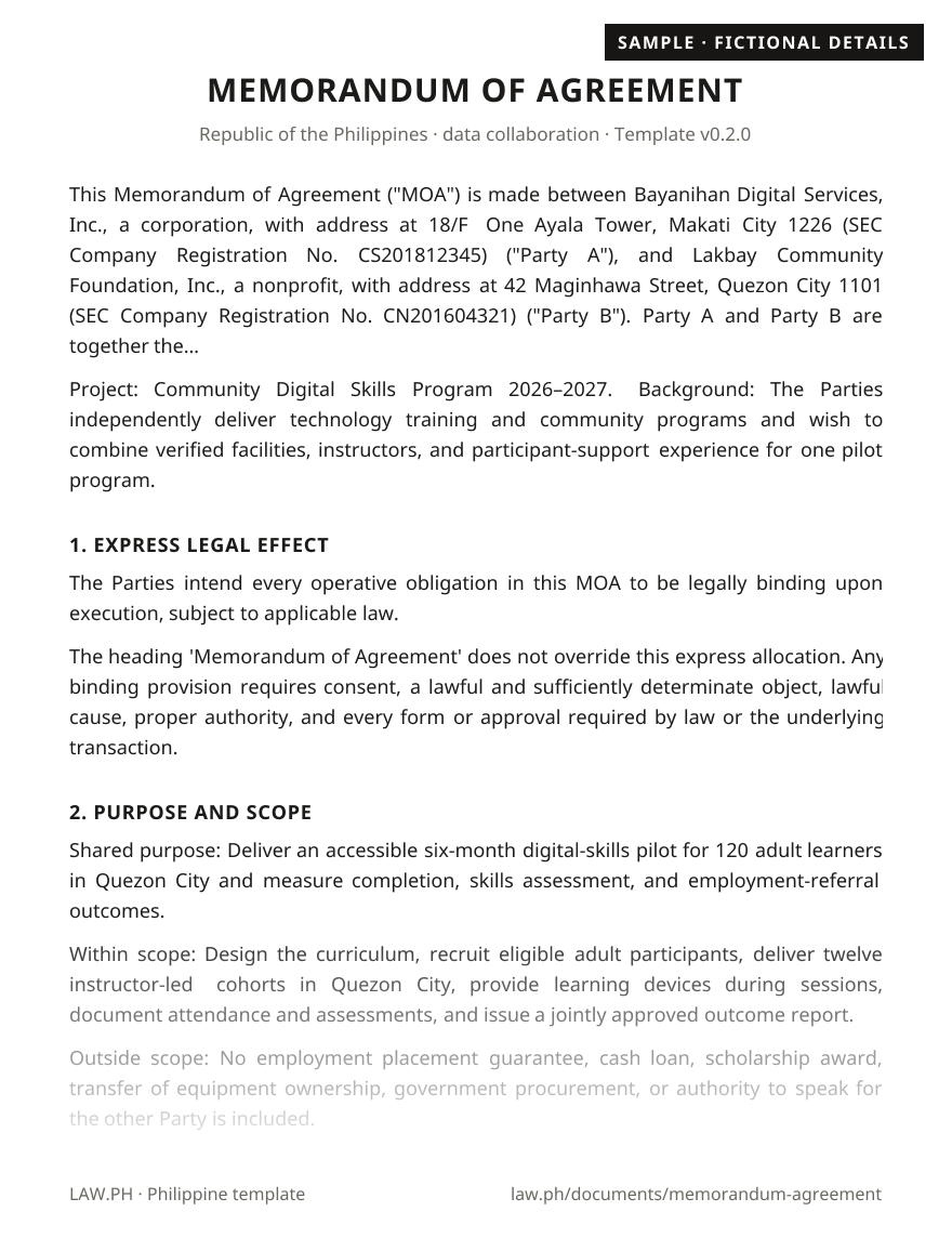 Memorandum of agreement (MOA) sample, Philippines: first page of the Memorandum of Agreement with fictional details