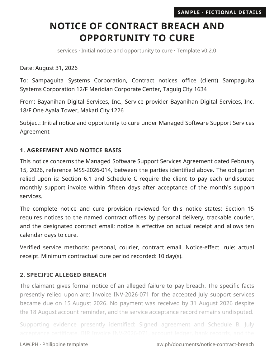 Notice of breach of contract sample, Philippines: first page of the Notice of Contract Breach and Opportunity to Cure with fictional details