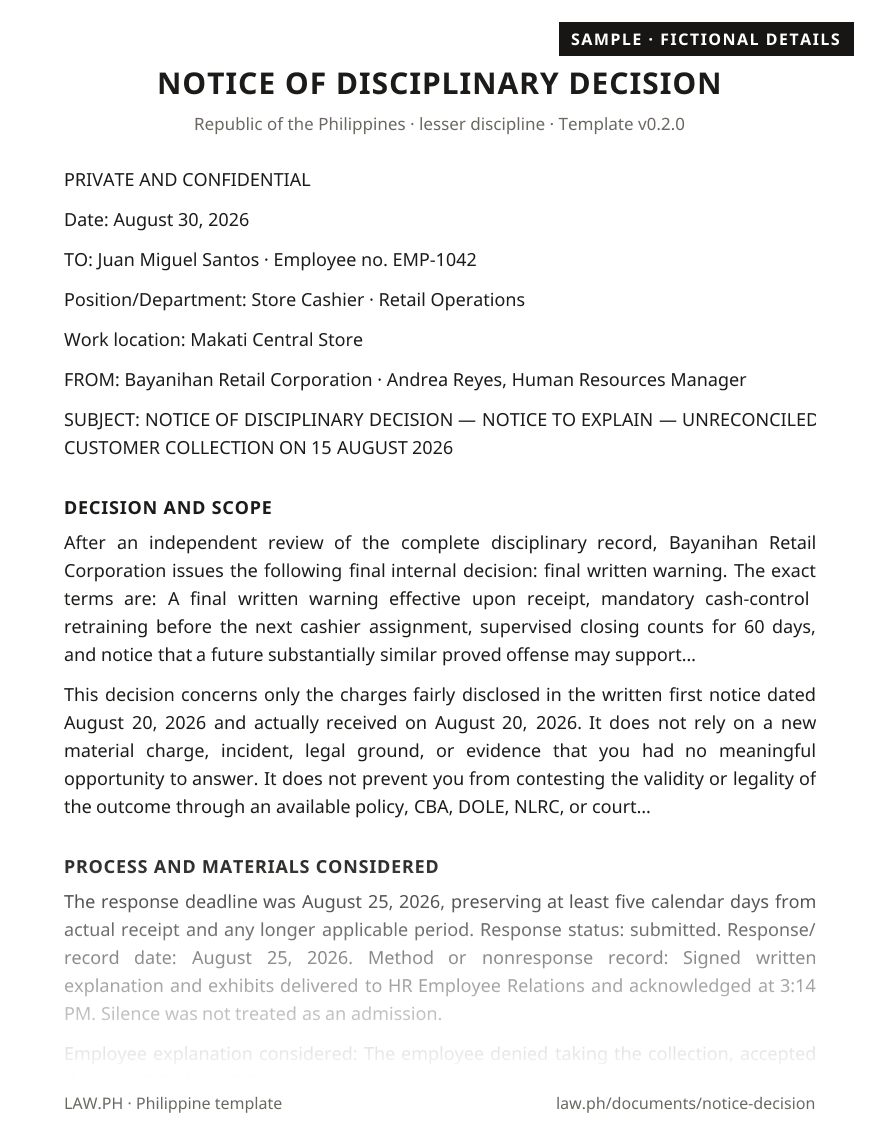 Notice of decision (second notice) sample, Philippines: first page of the Notice of Disciplinary Decision with fictional details