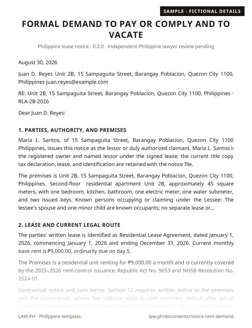 Demand letter for unpaid rent sample, Philippines: first page of the Rent Demand and Cure Notice with fictional details