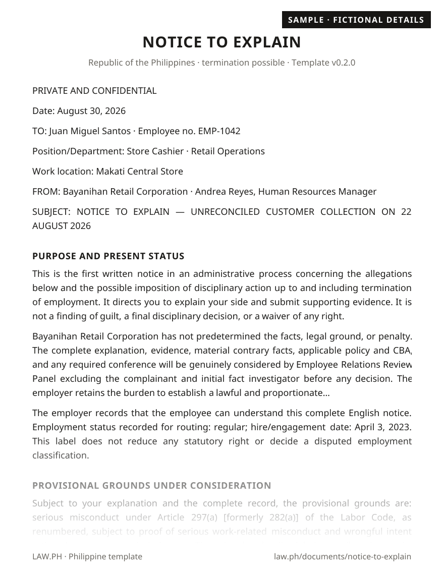 Notice to explain (NTE) sample, Philippines: first page of the Notice to Explain with fictional details