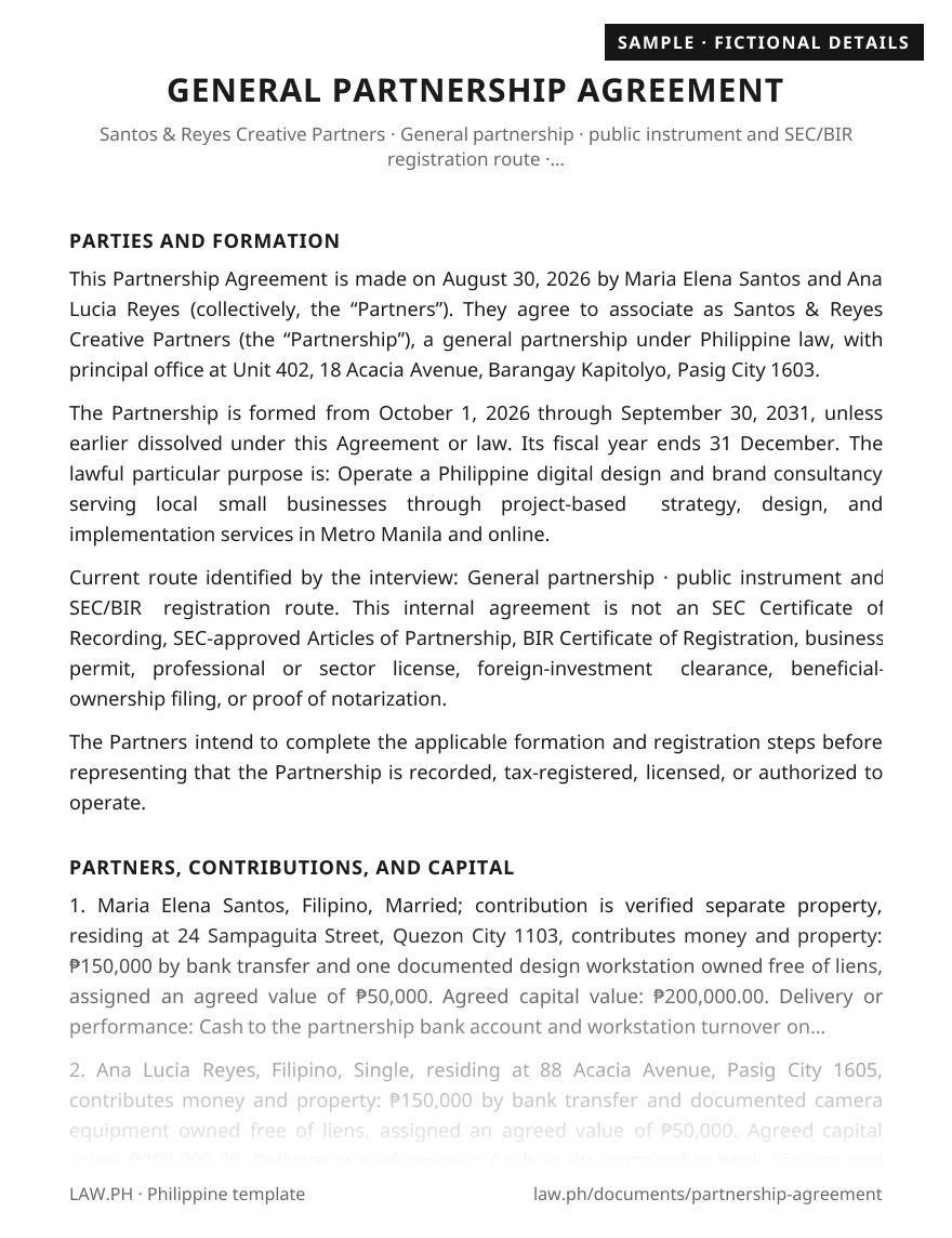 Partnership agreement sample, Philippines: first page of the Partnership Agreement with fictional details