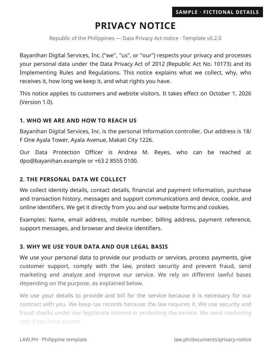 Privacy notice (privacy policy) sample, Philippines: first page of the Privacy Notice with fictional details