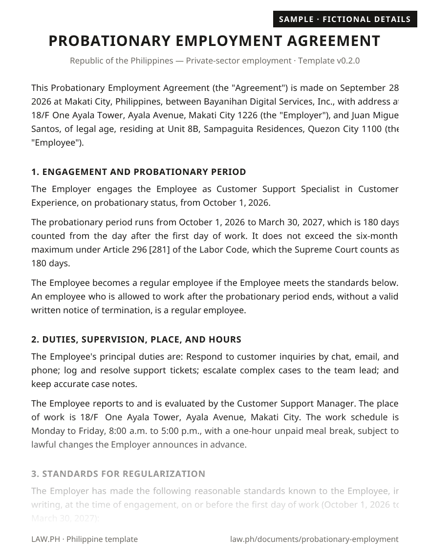 Probationary employment contract sample, Philippines: first page of the Probationary Employment Agreement with fictional details