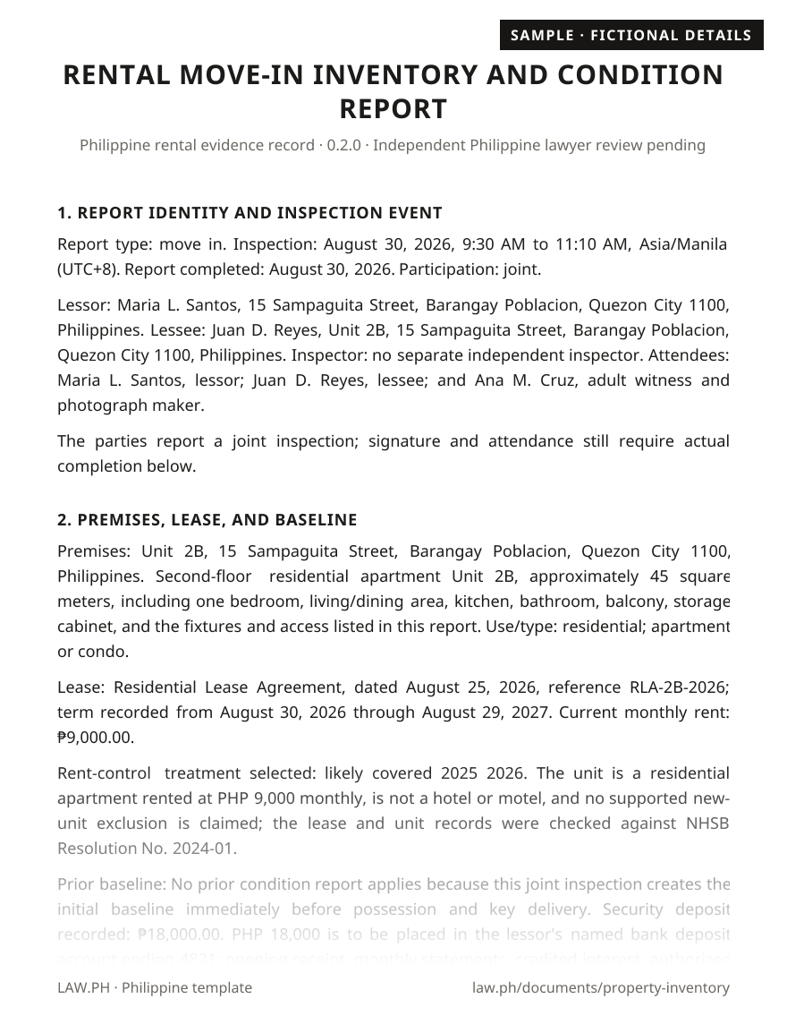Rental inventory and move-in checklist sample, Philippines: first page of the Rental Inventory and Condition Report with fictional details