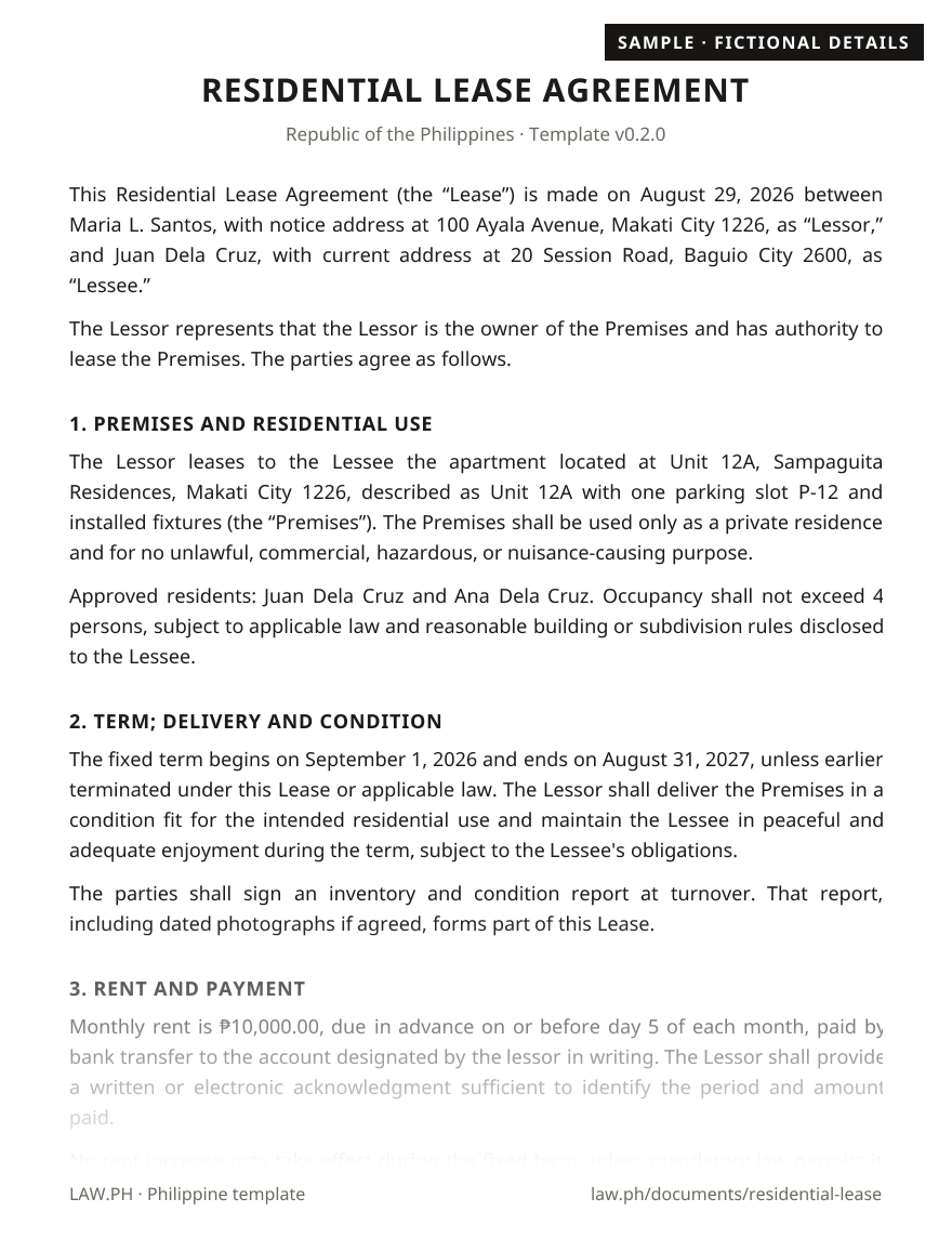 Contract of lease sample, Philippines: first page of the Residential Lease Agreement with fictional details