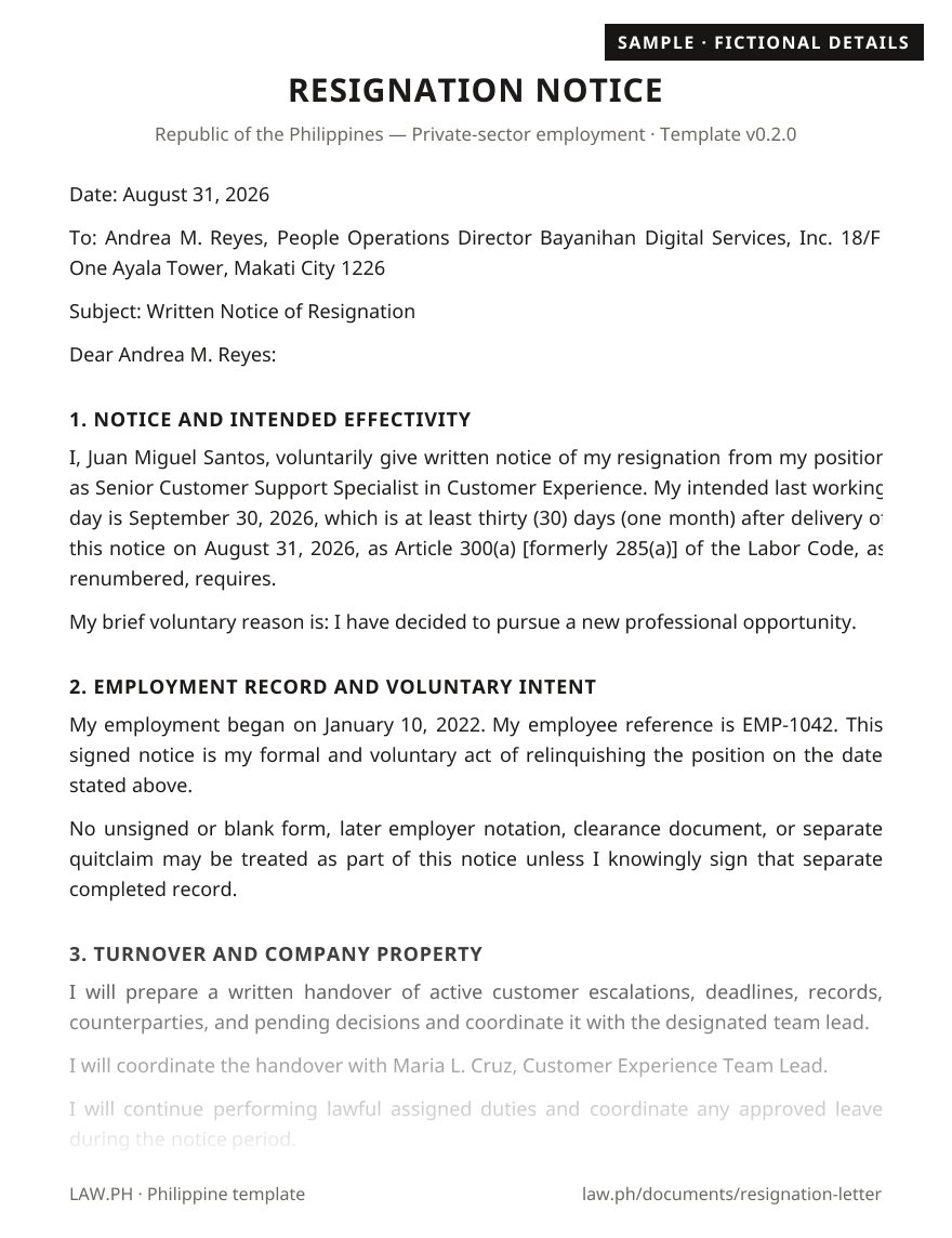 Resignation letter sample, Philippines: first page of the Employee Resignation Letter with fictional details