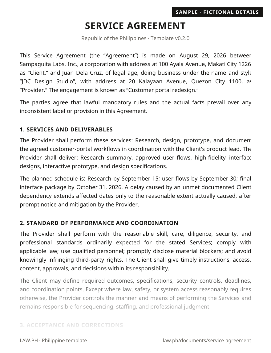 Service agreement sample, Philippines: first page of the Service Agreement with fictional details