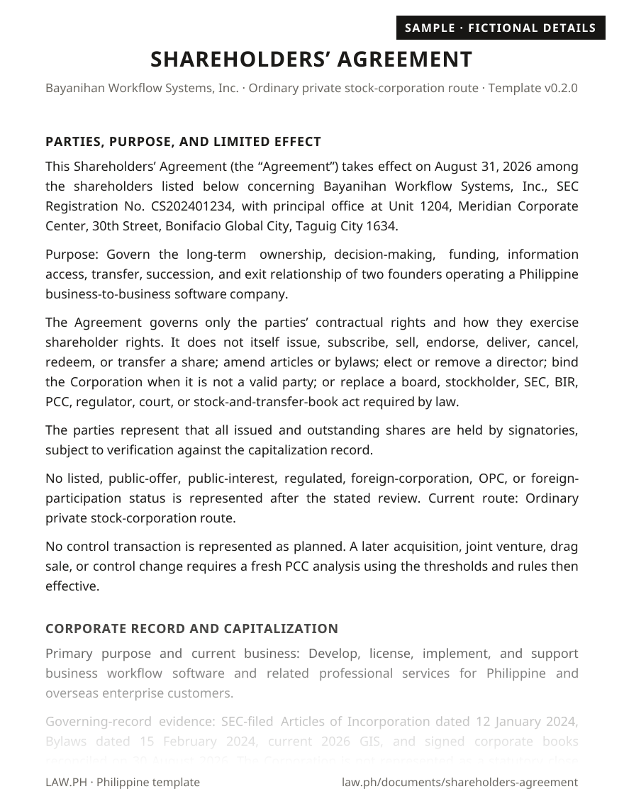 Shareholders' agreement sample, Philippines: first page of the Shareholders' Agreement with fictional details