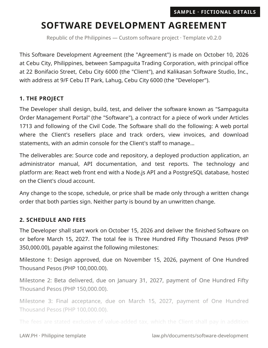 Software development contract sample, Philippines: first page of the Software Development Agreement with fictional details