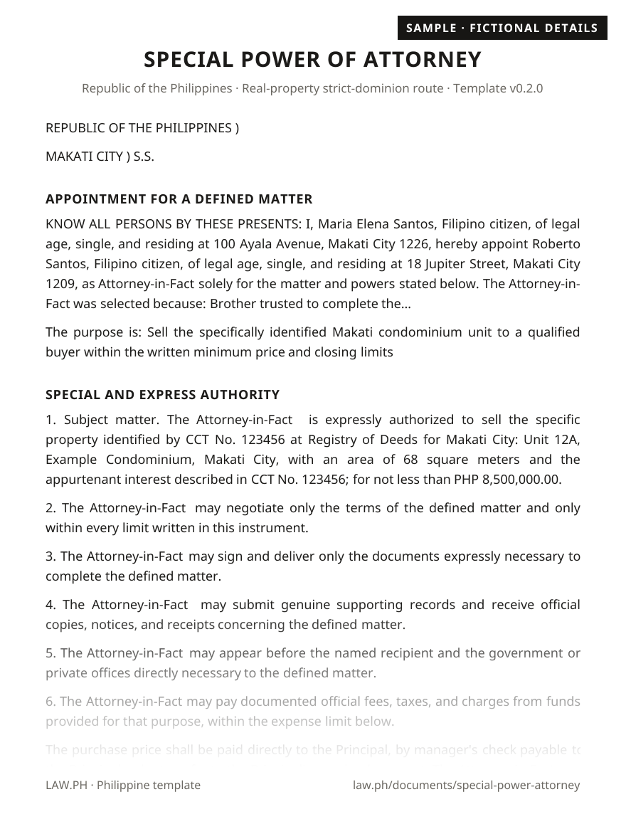 Special power of attorney (SPA) sample, Philippines: first page of the Special Power of Attorney with fictional details