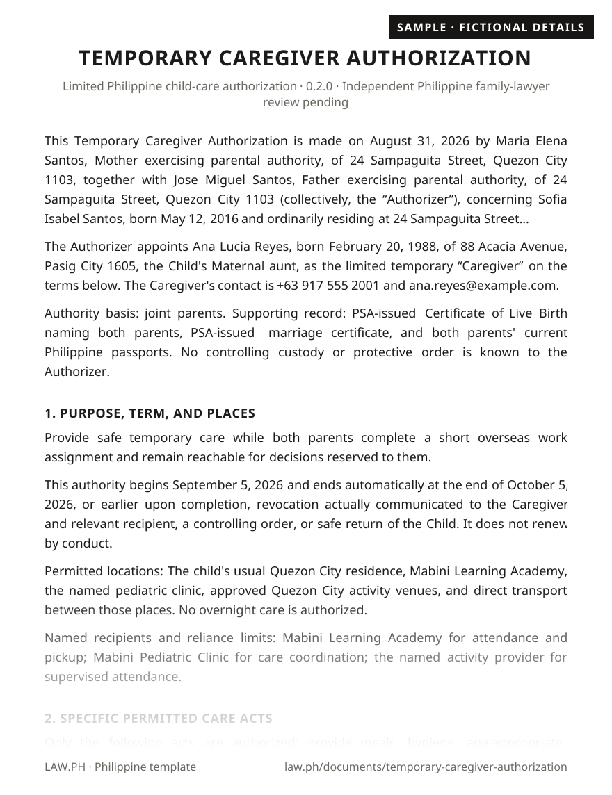 Temporary caregiver authorization letter sample, Philippines: first page of the Temporary Caregiver Authorization with fictional details
