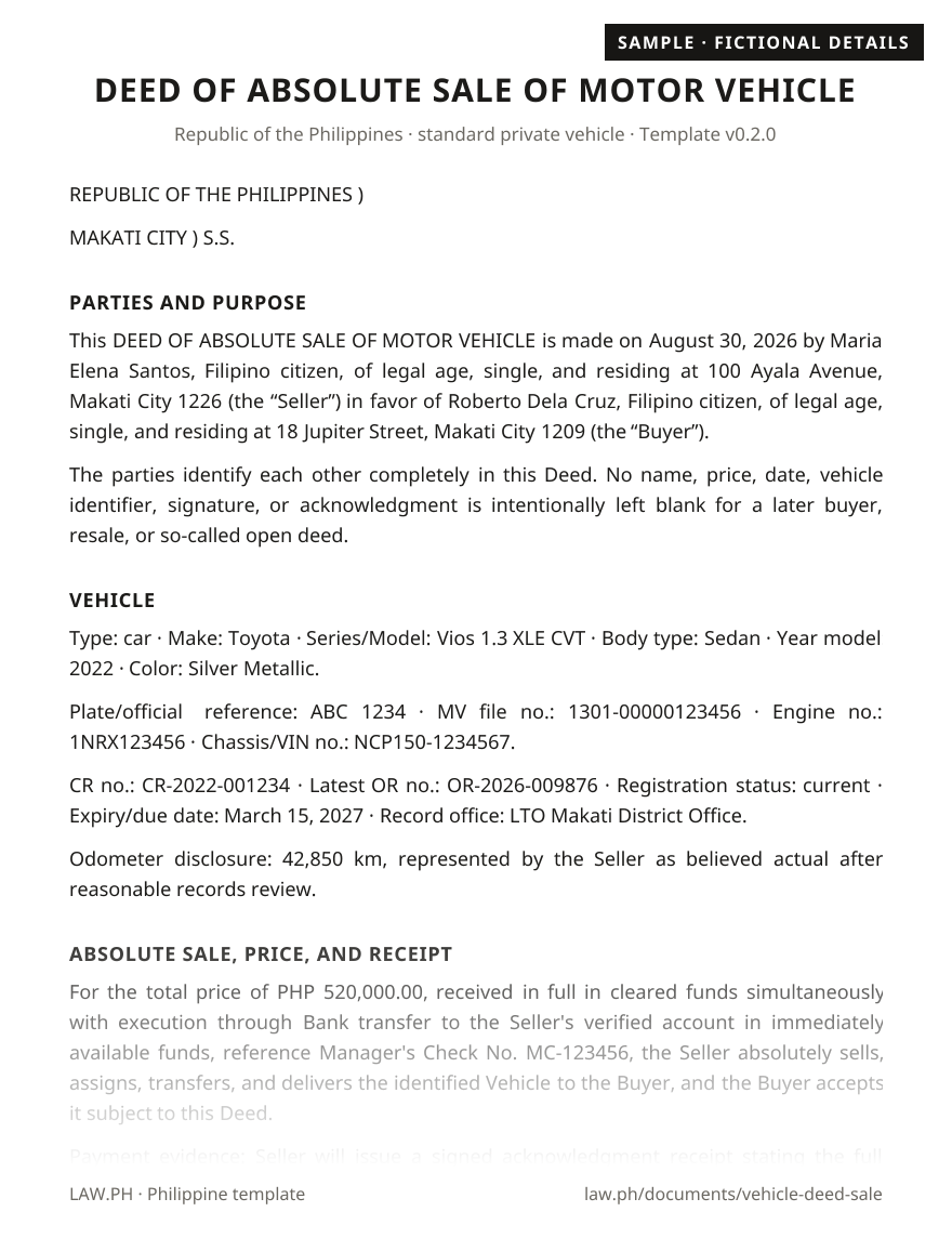 Deed of sale of motor vehicle sample, Philippines: first page of the Deed of Sale — Motor Vehicle with fictional details