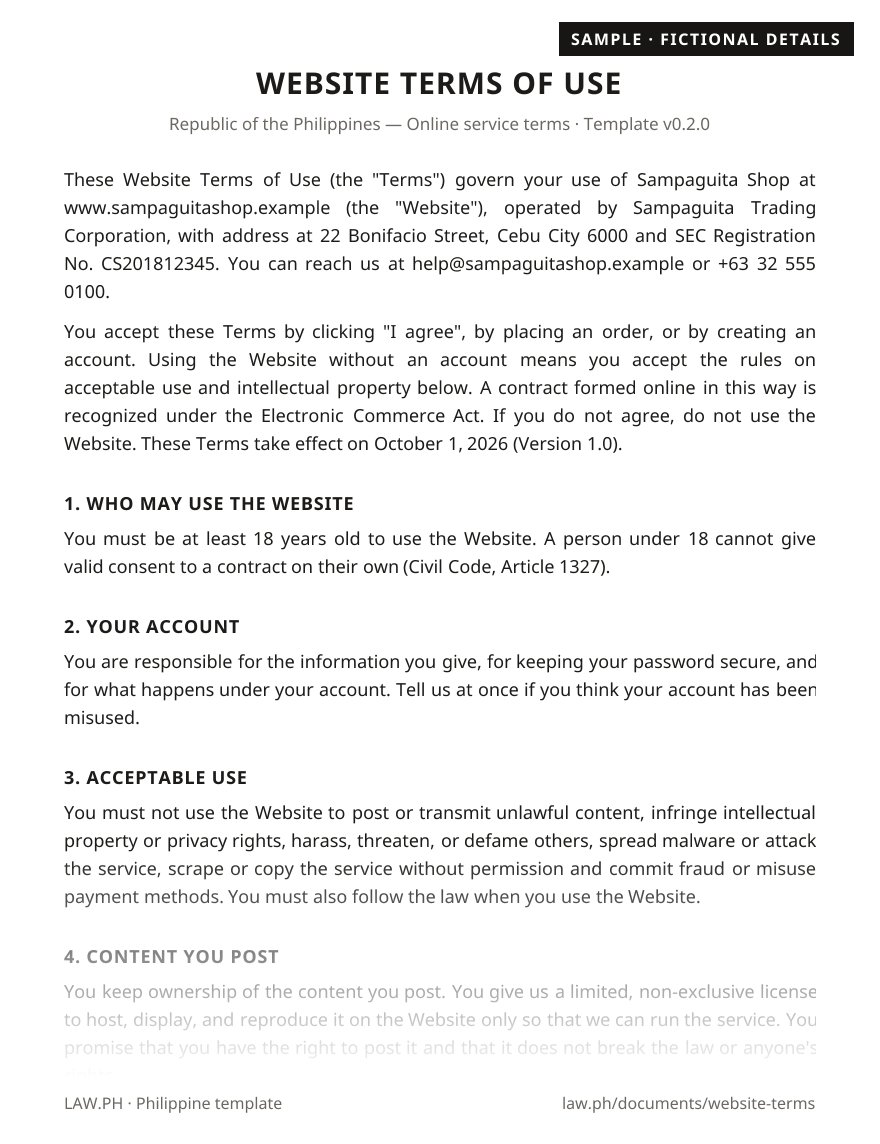 Website terms and conditions sample, Philippines: first page of the Website Terms of Use with fictional details